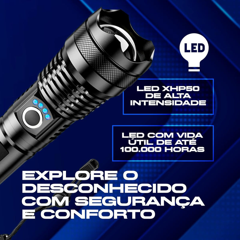 Lanterna Tática T9 Led Recarregável P50 USB Super Potente Zoom Longo Alcance para Trilhas Pesca Vigilante Acampamento Fazenda Caça