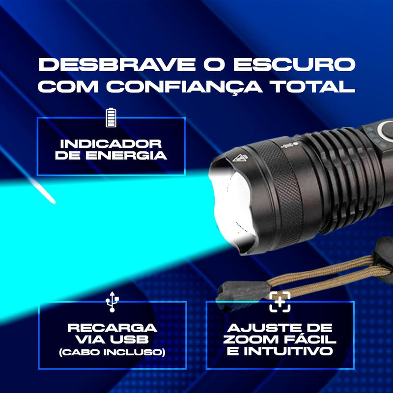 Lanterna Tática T9 Led Recarregável P50 USB Super Potente Zoom Longo Alcance para Trilhas Pesca Vigilante Acampamento Fazenda Caça