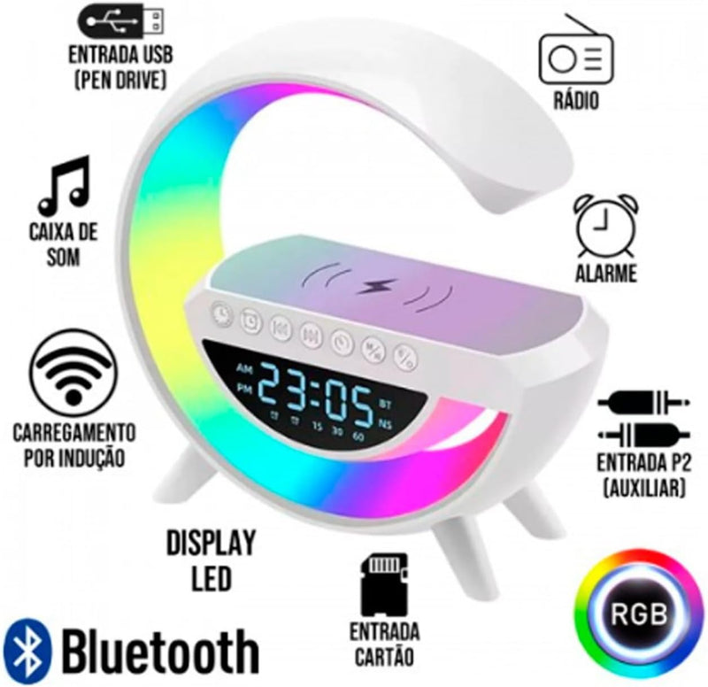 Luminária de Mesa Rgb Caixa De Som Carregador Por Indução Despertador Rádio Relógio